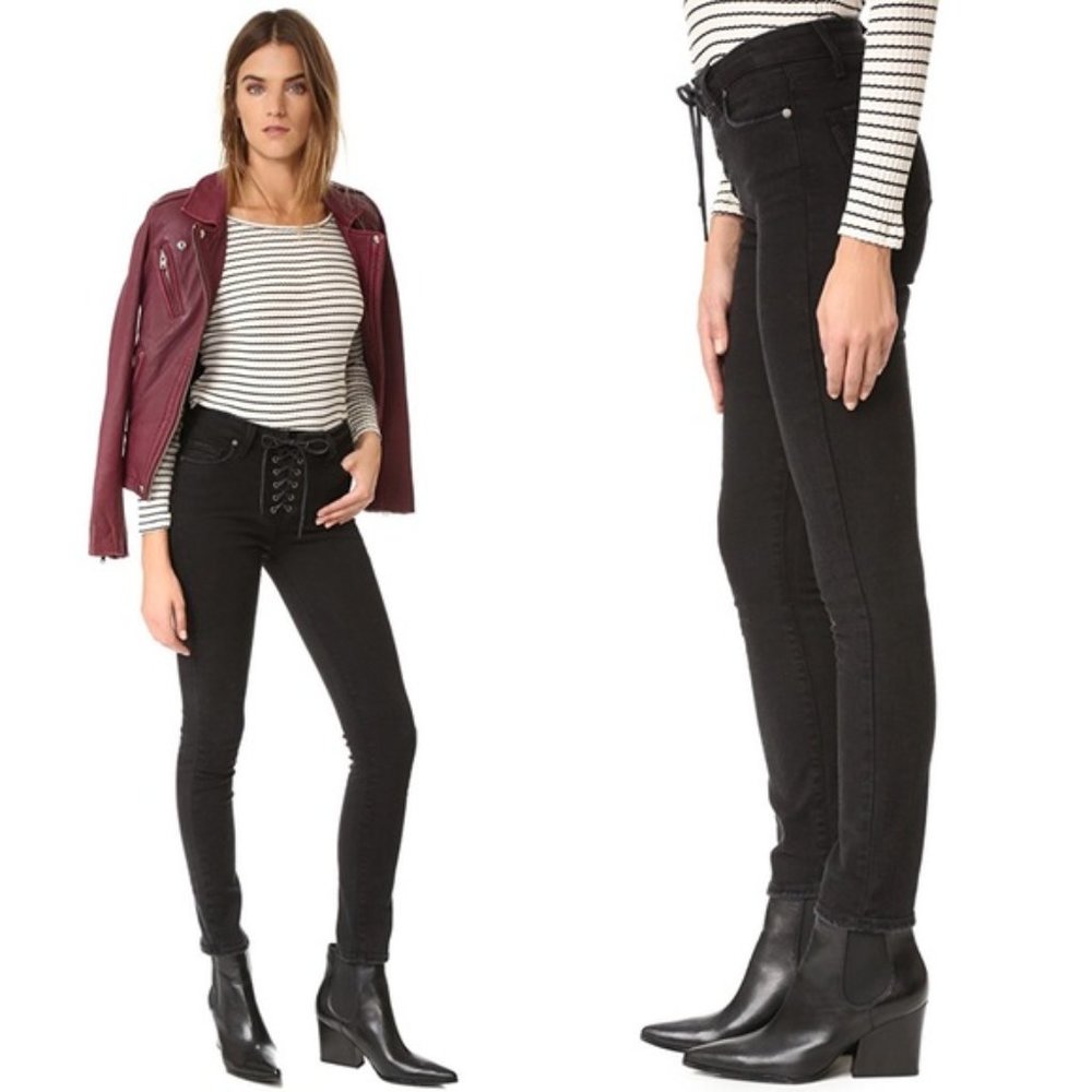 PAIGE Black Lace Up Hoxton Ankle Peg Skinny Jeans 25 Stretch Denim Festival Emo - Picture 2 of 10
